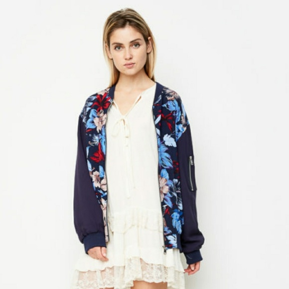 NAVY FLORAL PRINTED BOMBER JACKET - Picture 2 of 6